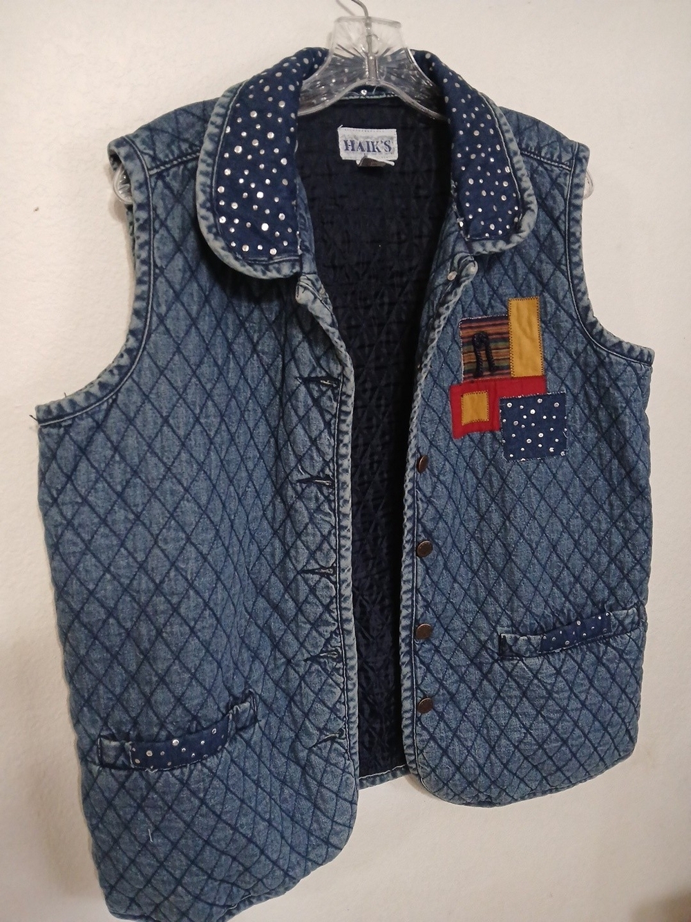 Vintage Haiks Womens XL Denim Patchwork Quilted Vest Cottagecore Farmhouse Vest